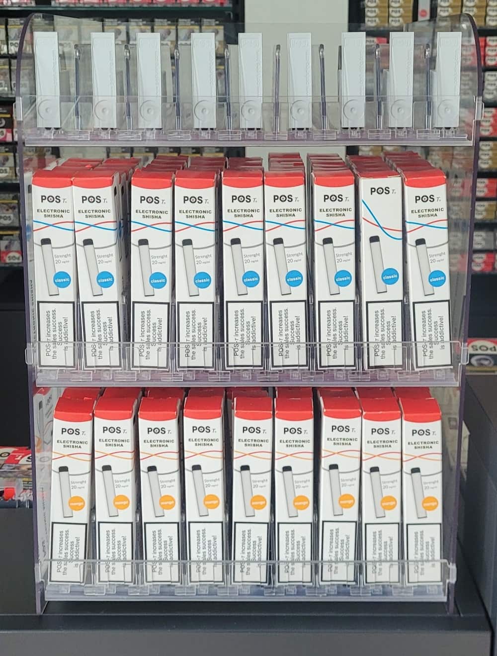 POS Tuning 30-Facing Pop-Up Display assembled with three levels of slim-packaged vape and beauty products front-facing